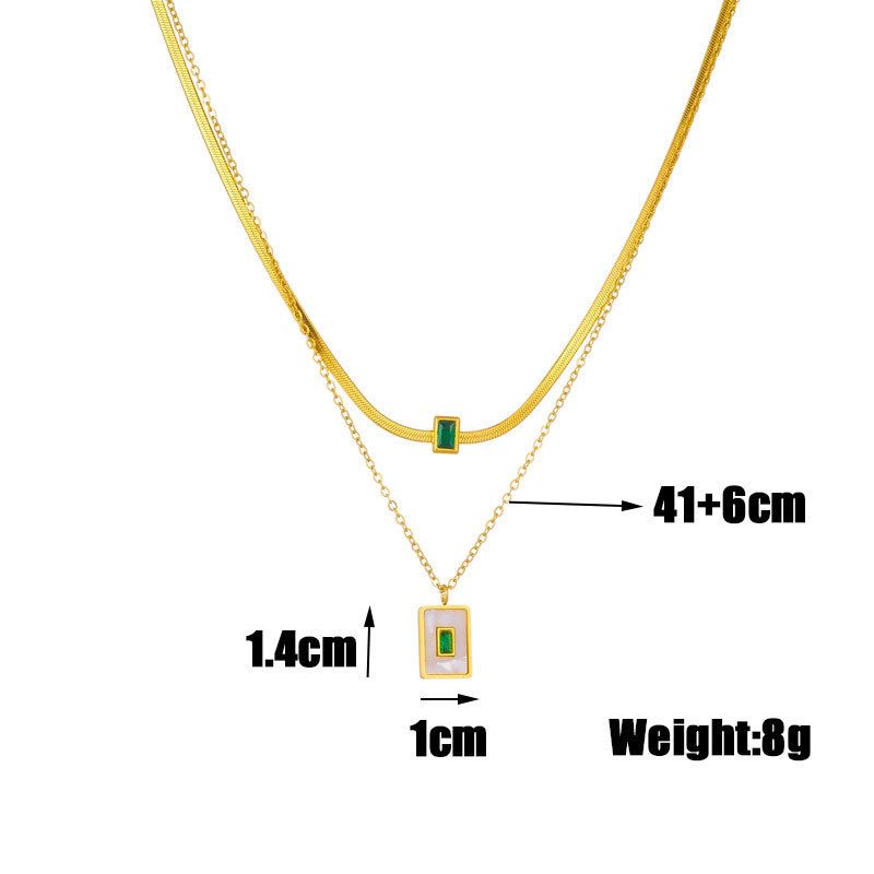 New square shell collarbone chain pendant, double-layer sweater chain, green zircon earrings, bracelet and necklace jewelry set._voghion.com