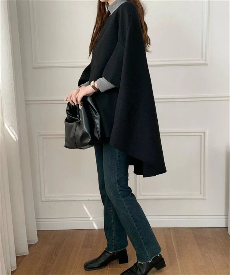 Elegant Batwing Sleeve Wool Cape Coat - Oversized Poncho Style For Women, Autumn Winter Fashion, Casual Loose Fit, Pure Color & Checkered Patterns_voghion.com