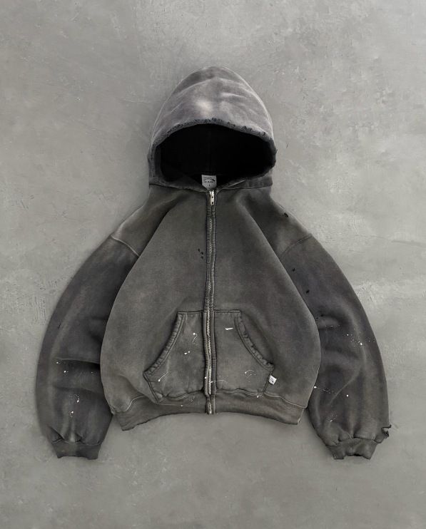Vintage Washed Hooded Sweatshirt – Unisex Oversized Zip-Up Hoodie, Streetwear Distressed Cotton Blend Pullover With Drop Shoulder (Grey, S-XXL)_voghion.com
