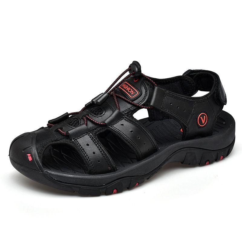 7239 Sandali da spiaggia da uomo estivi, grandi, con fascia in velcro, strato superiore in vera pelle, superficie in pelle di mucca._voghion.com