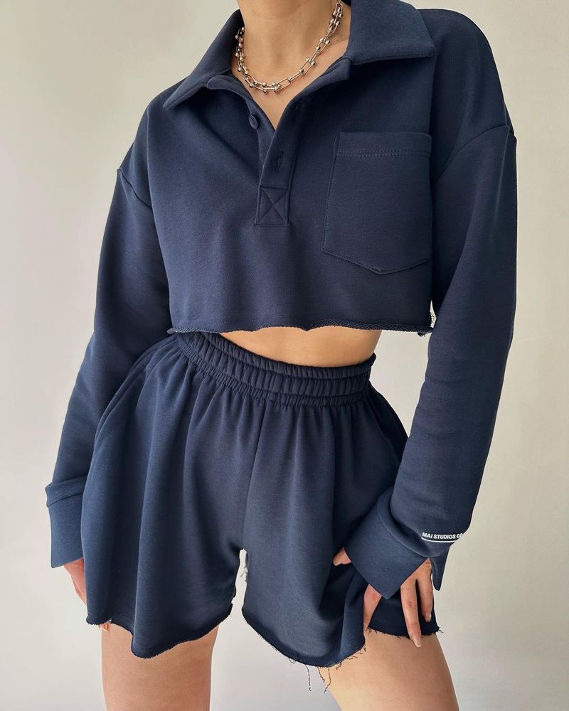 Completo da donna con pantaloncini corti con coulisse in cardigan corto casual a maniche lunghe in tinta unita_voghion.com