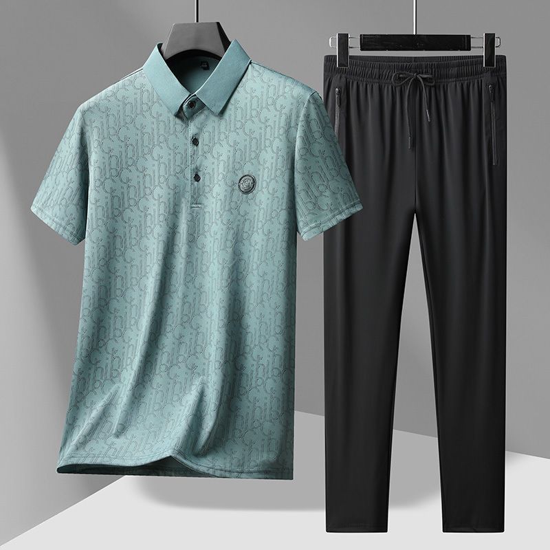 Unbeatable Quality Dad Dress Set 2024 New Short Sleeved T-shirt Middle Aged And Elderly Men's Summer Ice Silk Long Pants_voghion.com