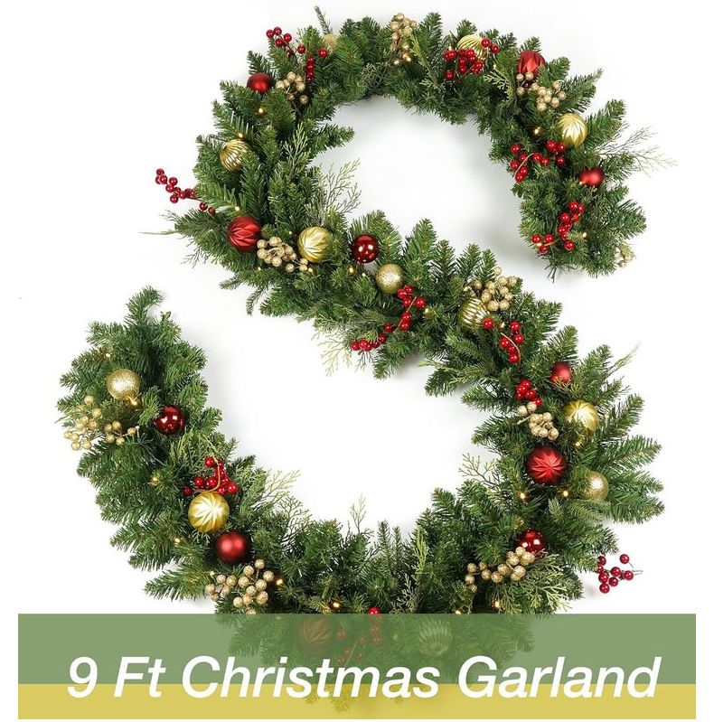 180cm/270cm Christmas Wreath Door Hanging - Artificial Pine Garland With Decorative Ornaments & LED Lights_voghion.com