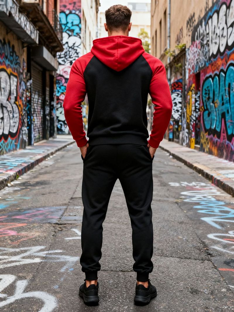 Felpa con cappuccio in pile e jogger in velluto e colori coordinati per uomo - Completo due pezzi a blocchi di colore per sport invernali e abbigliamento casual_voghion.com