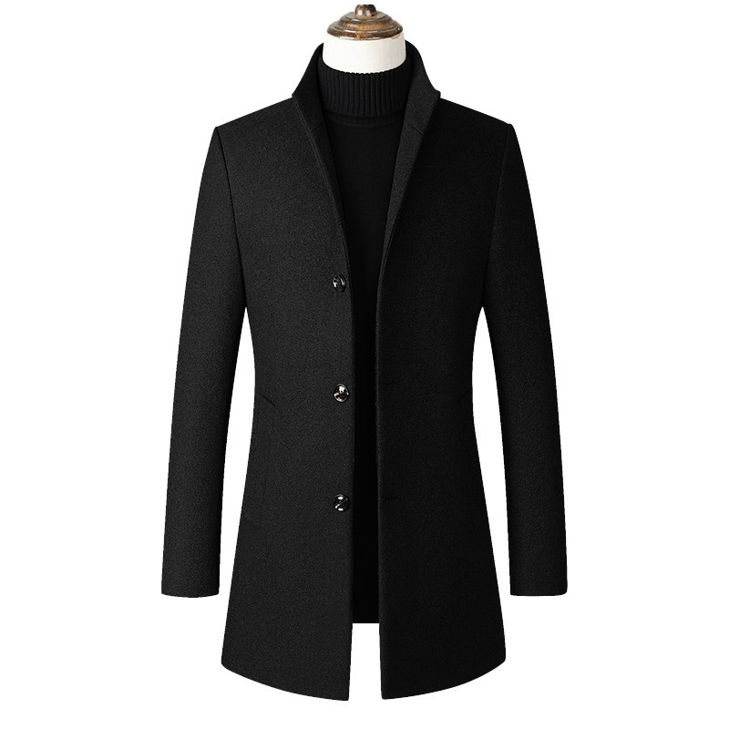 Men's 2024 autumn/winter European size perennial men's solid color stand up collar windbreaker medium long woolen coat_voghion.com