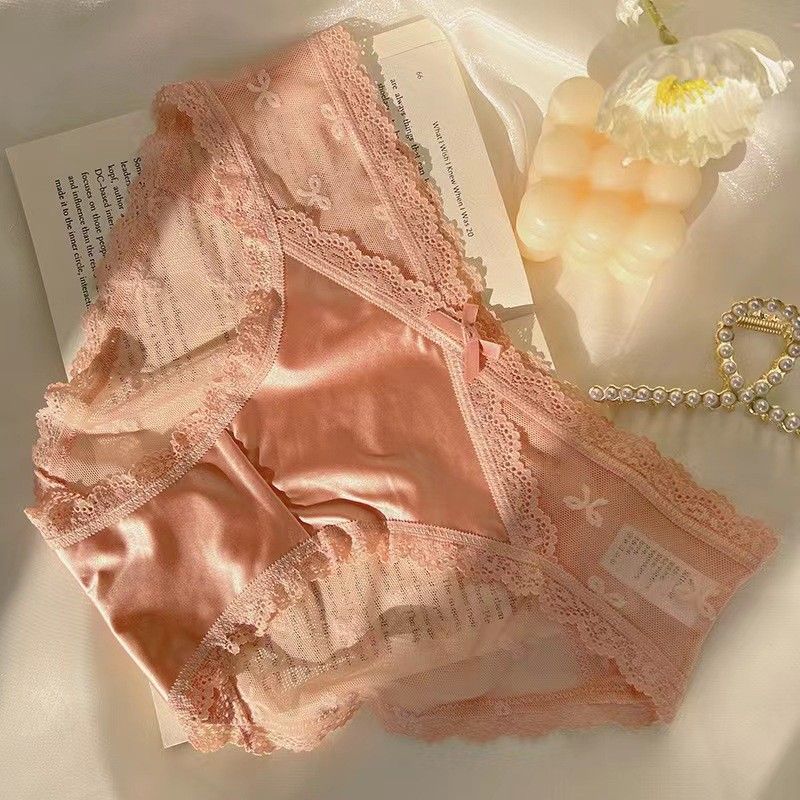 2025d Pure Desire Light Satin Bow Low Waist Sexy Lace Cotton Crotch Mesh Triangle Panties For Women_voghion.com