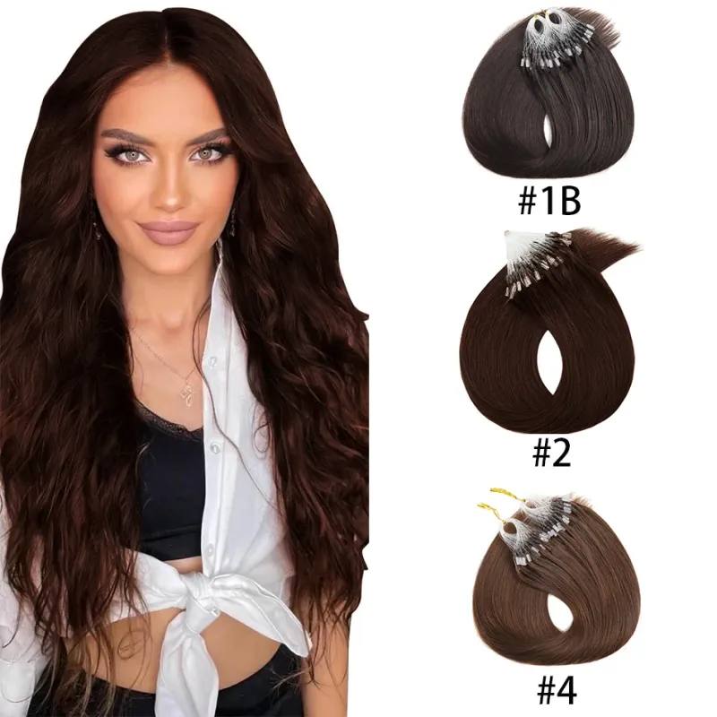 Mittelbraune, glatte Micro-Loop-Haarverlängerung mit Stockspitze, weich und seidig, 50 g, 40,6–66 cm, für Frauen, Farbe 4 2_voghion.com
