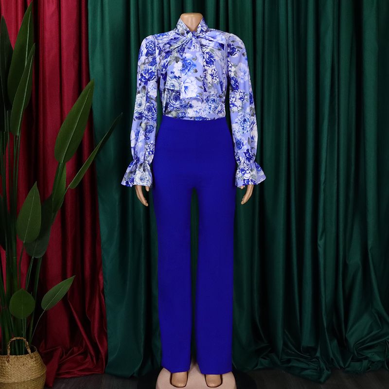 D316 European and American Women's 2022 Autumn and Winter Loose Large Size Casual Printed Long-sleeved Shirt Wide-leg Pants Cross-border Two-piece Set_voghion.com