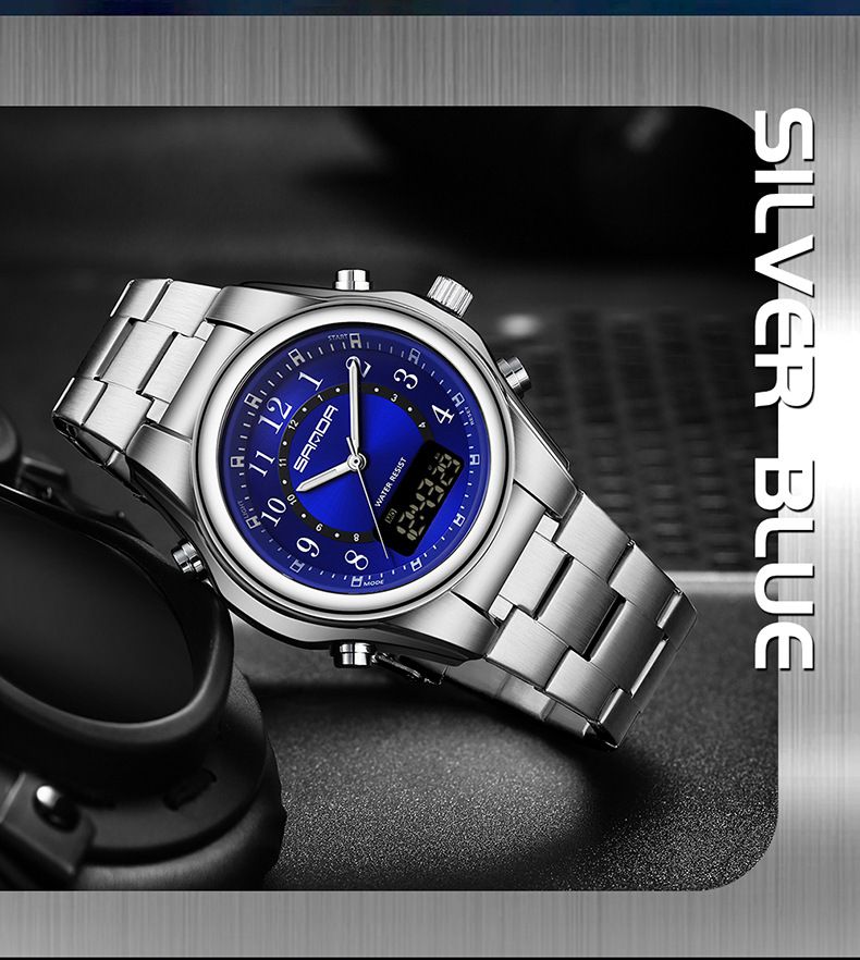 Montre à quartz pour homme à double affichage, bracelet en acier inoxydable, multifonction, lumineuse et étanche. Montre tendance et décontractée._voghion.com