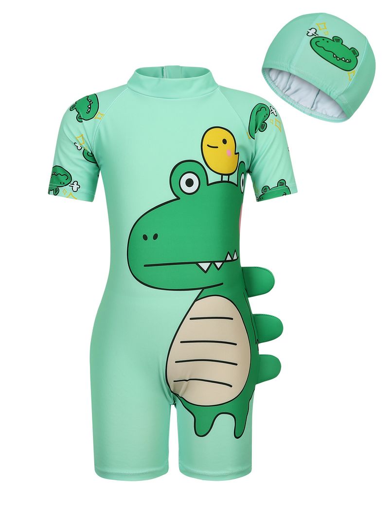 Mother & Kids summer children's clothing dinosaur print one-piece hooded swimsuit quick-drying breathable beach sunscreen baby swimsuit_voghion.com