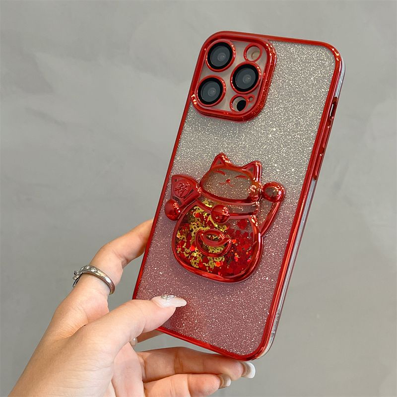 Custodia per telefono Flowing Sand Electroplated Wealth Cat adatta per iPhone 11, 12, 13, 14, 15 Pro Max con pellicola per obiettivo integrata_voghion.com