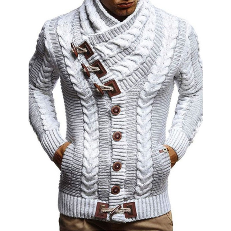 Autumn and Winter New High Collar Cow Horn Leather Button Sweater Men's Knitted Cardigan Top Clothes_voghion.com