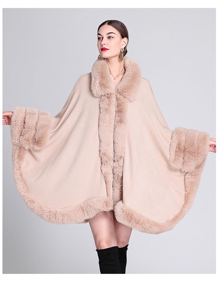 Pelerină cu guler de blană, cardigan tricotat lejer, mărime plus, pelerină pentru femei_voghion.com