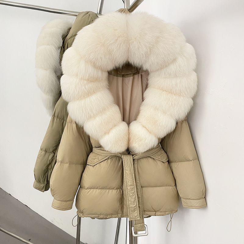Luxury Oversized Fox Fur Hooded Down Coat With Belt, 96% Duck Down Fill, Slim Fit For Winter Warmth (Champagne/Khaki/Grey/Black)_voghion.com