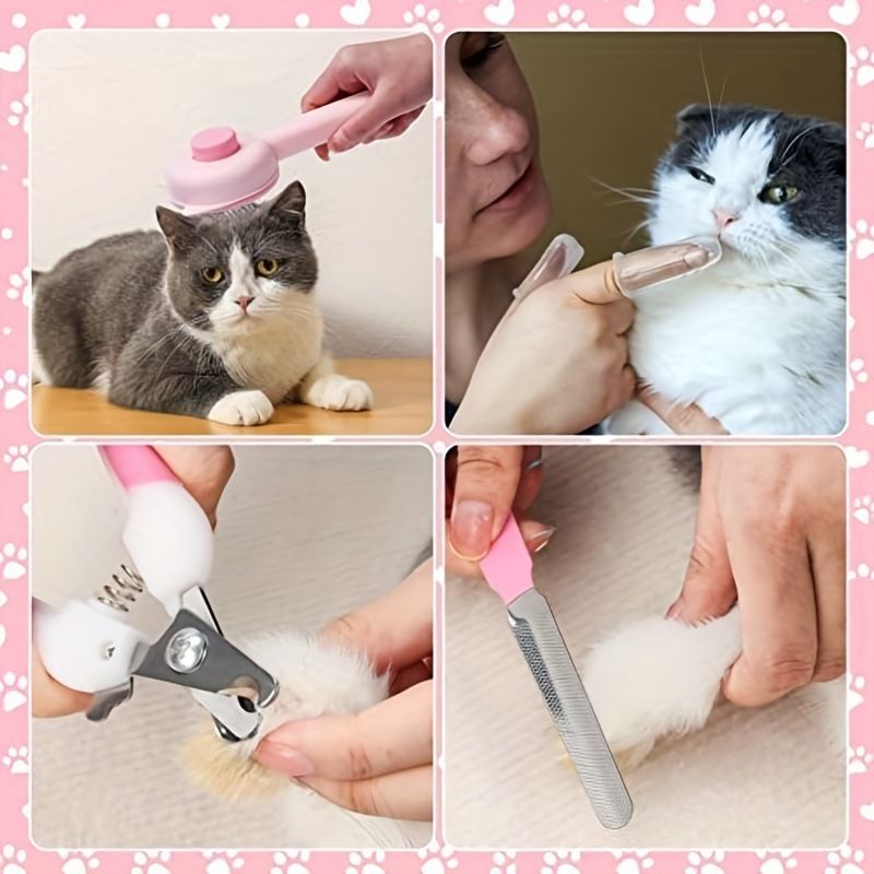 Set de aseo de 8 piezas: cortaúñas y limas, peine antipulgas, cepillo para muda de pelo de mascotas, cepillo de dientes de silicona, etiquetable_voghion.com