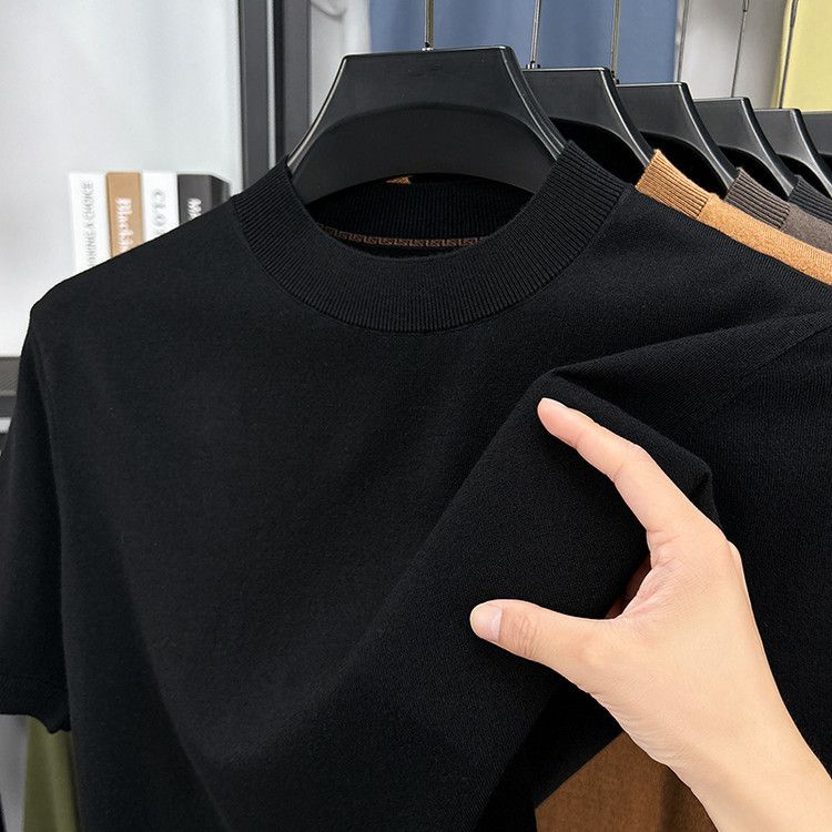 Kurzärmliges T-Shirt aus Maulbeerseide aus Wolle für Herren mit halbem Rollkragen, dünner blauer Strickpullover mit halben Ärmeln für Herren_voghion.com