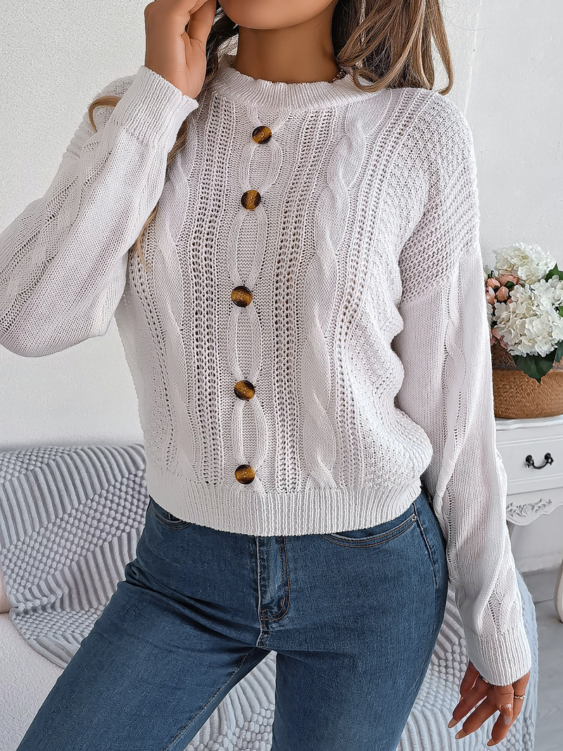 Cropped Sweaters for Women Crew Neck Crochet Knit Pullover Sweater Fall Trendy Button Long Sleeve Solid Color Jumper Tops_voghion.com