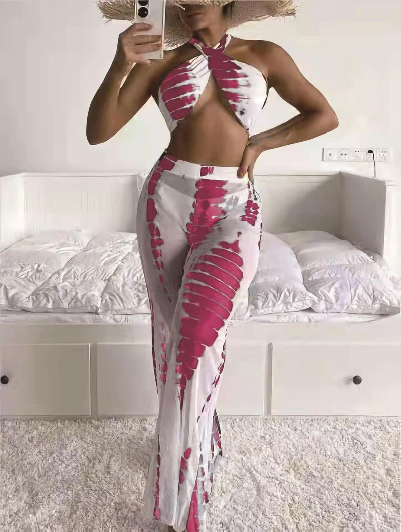 Women's Full Print Vertical And Horizontal Bikini Swimsuit And Covered Pants Bikini_voghion.com