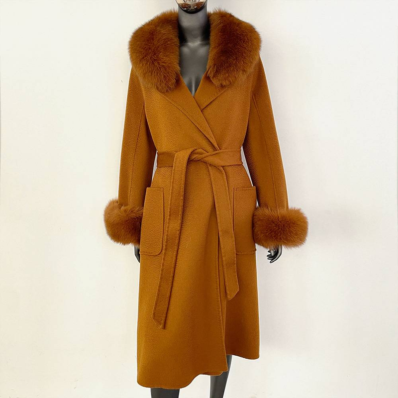 Dámské oblečení Fox Fur Collar Water Ripple oboustranný vlněný kabát pro ženy Luxusní vysoce kvalitní vlněný kabát_voghion.com