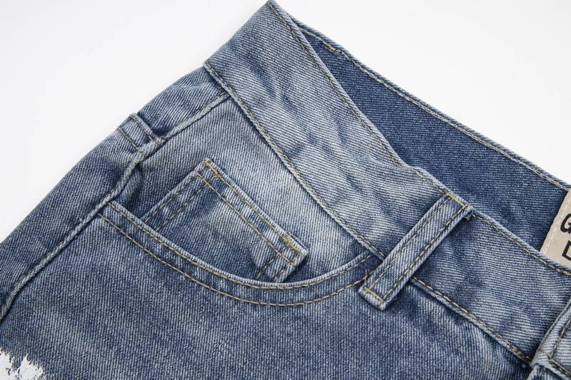 Jeans dritti a gamba larga con cuciture High Street, effetto retrò rovinato, schizzi di inchiostro_voghion.com