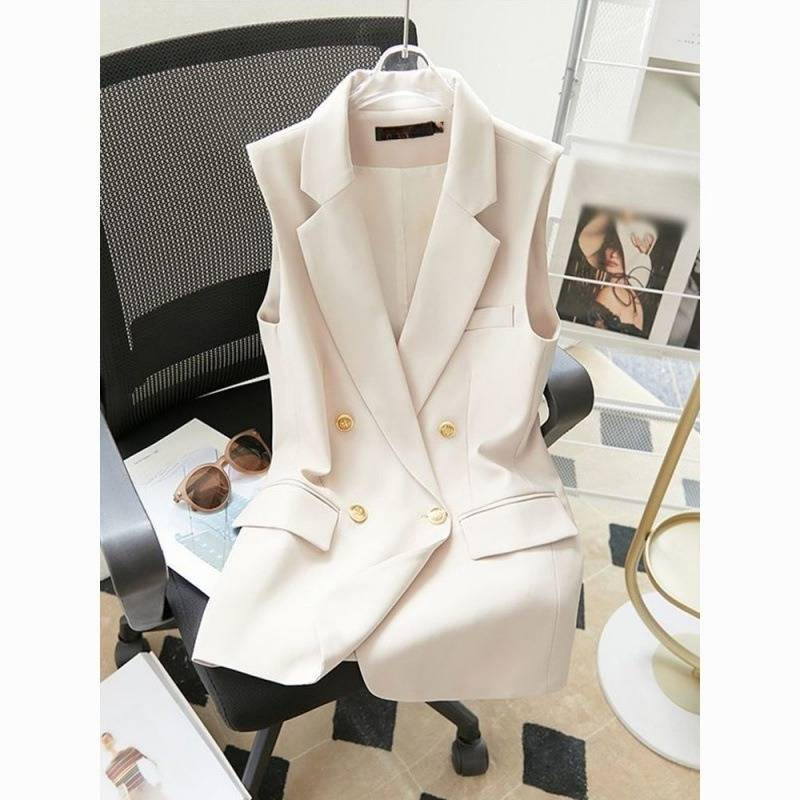 Sommer-Blazer-Set für Damen – ärmellose Weste und Shorts, schmal geschnittene Bürokleidung, Acetatgewebe, atmungsaktiv und professionell (weiß, S-XL)_voghion.com