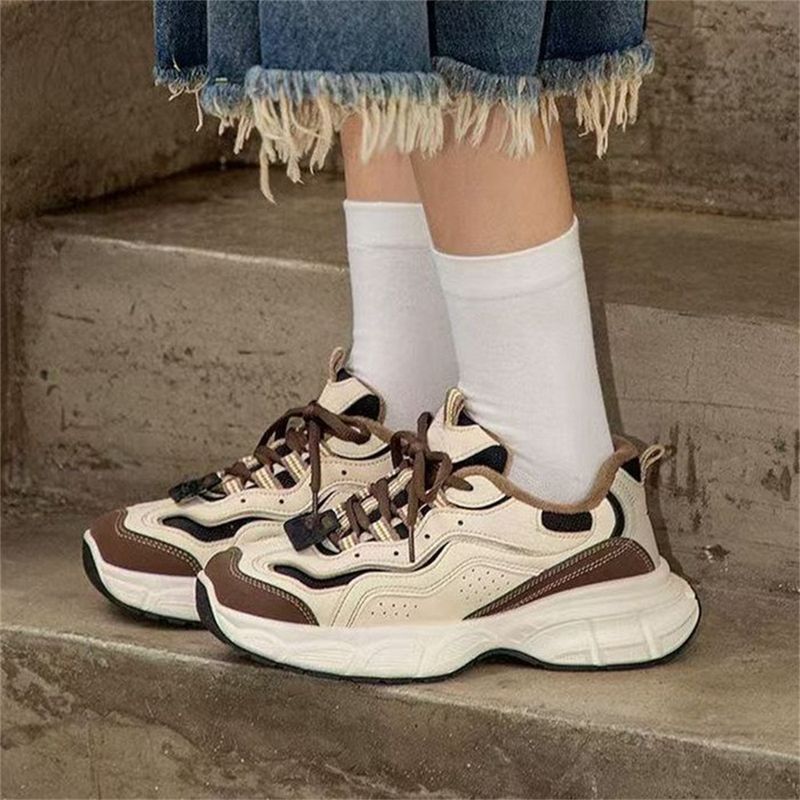 2026 Fashion Sneakers Joggingschuhe Damen Künstliches PU-Spleißen Low Top Schnürung Atmungsaktiv Dicke Sohle Rutschfeste Verschleißfeste Laufschuhe 35-40_voghion.com