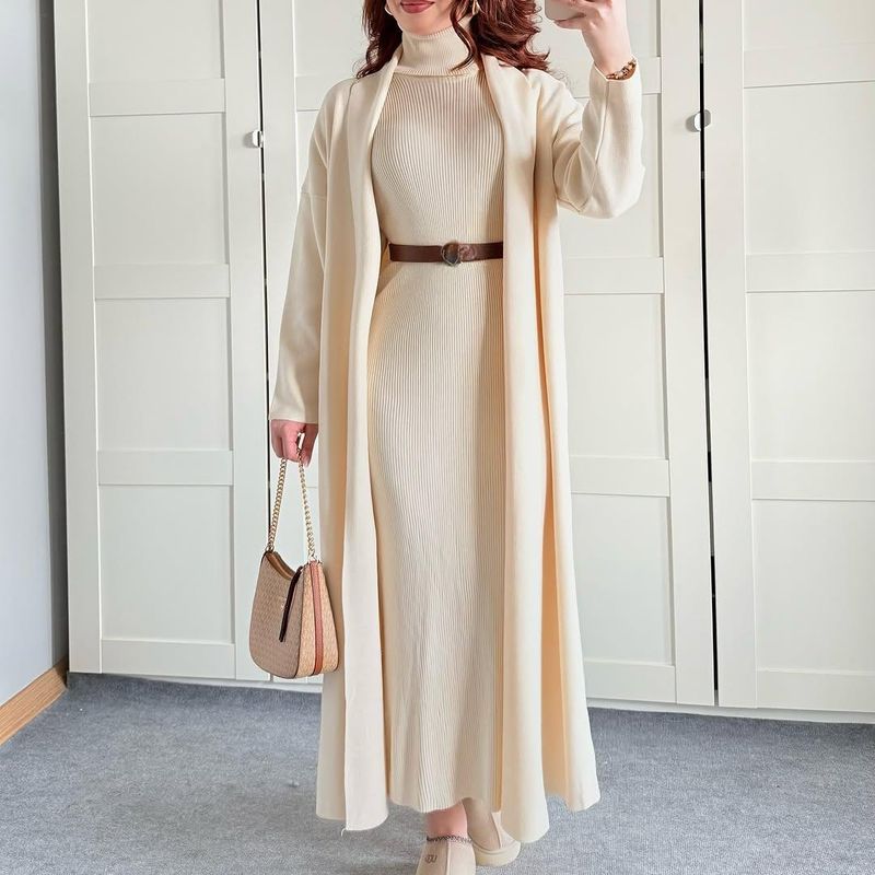 Abbigliamento da donna Elegante abito in maglia aderente con collo alto e cardigan per donna - Completo dolcevita a maniche lunghe per autunno inverno in marrone e beige_voghion.com