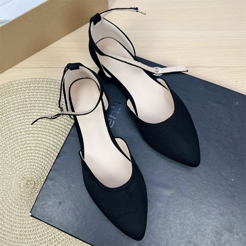 Women's Pointed - Toe Ankle Strap Flats - Elegant Low - Heel Dress Shoes Solid Color Suede-like Leather_voghion.com