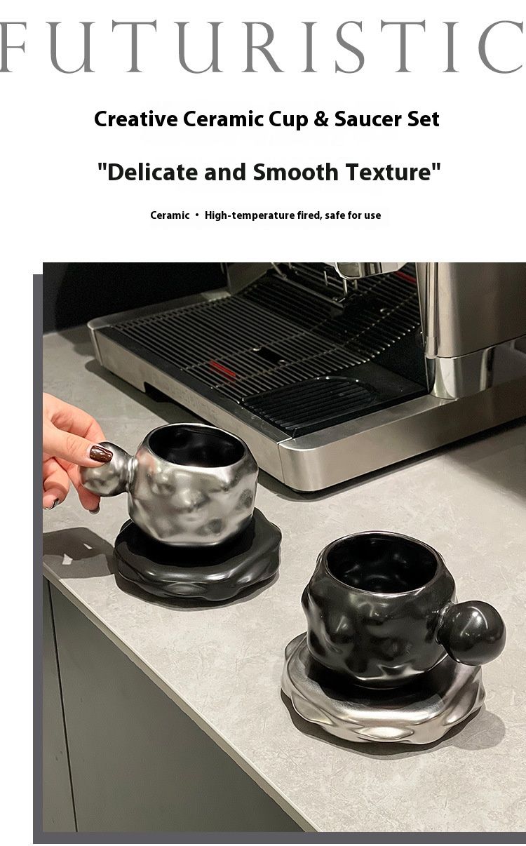 Set di tazze e piattini da caffè di lusso in nero opaco e argento - Design moderno e minimalista per casa, ufficio e bar_voghion.com