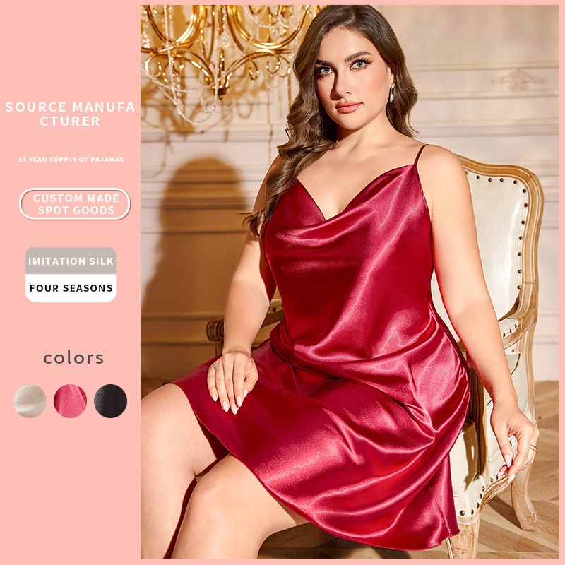 Spring And Summer Plus Size Slip Dress Sexy Simple Nightgown Casual Loungewear Women's Ice Silk Nightdress_voghion.com