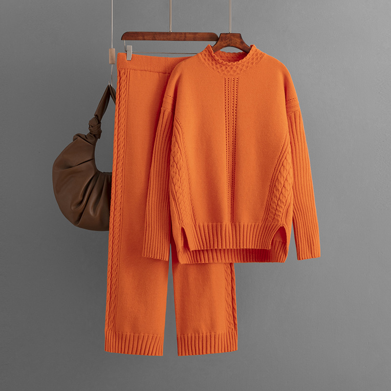 Women's fashion casual knit suit pants loose sweater wide leg trousers long pants two-piece set_voghion.com