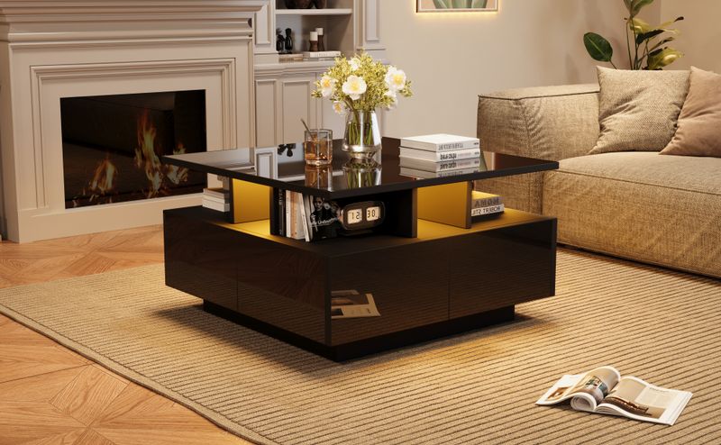 Table basse de salon noire brillante 70 x 70 x 40 cm avec éclairage LED, table d'appoint à 4 tiroirs, design géométrique, capacité de charge de 30 kg._voghion.com