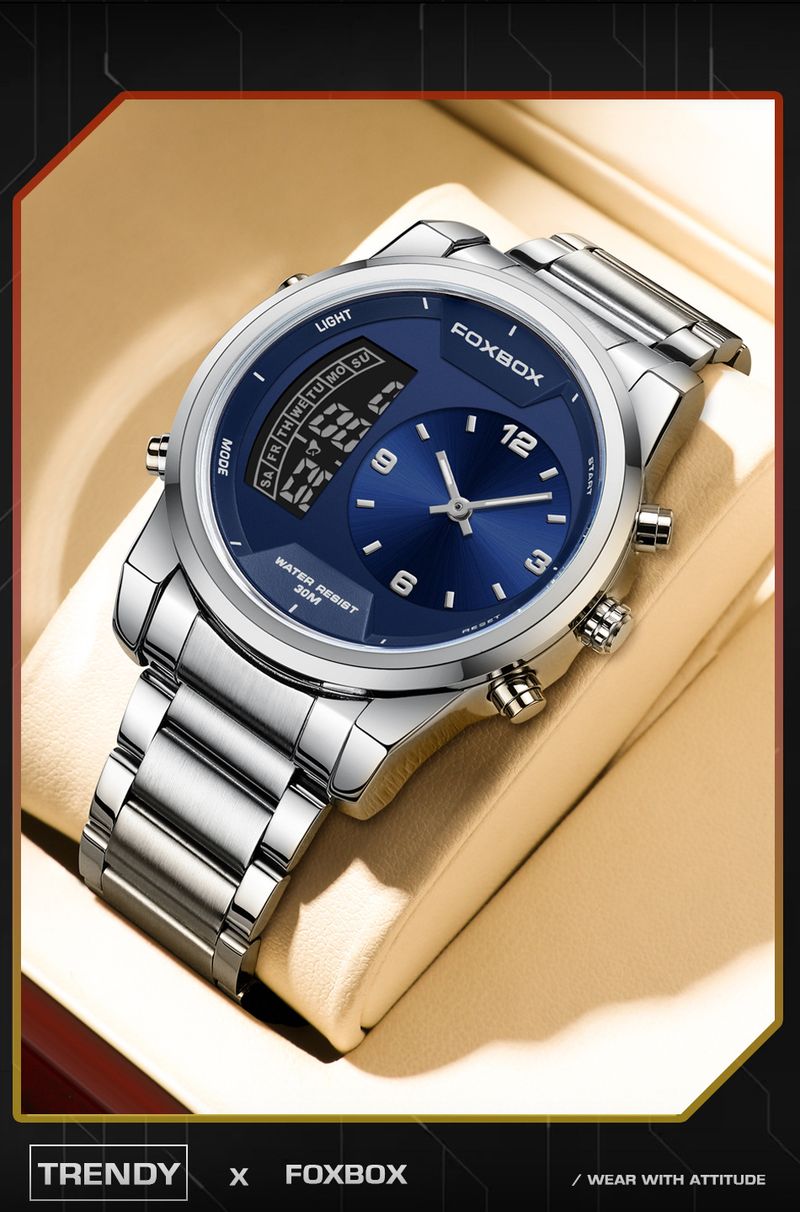 Men's Waterproof Luminous Analog Digital Watch With Alarm Chronograph, Stainless Steel Band, Mineral Glass, 43mm Round Case_voghion.com