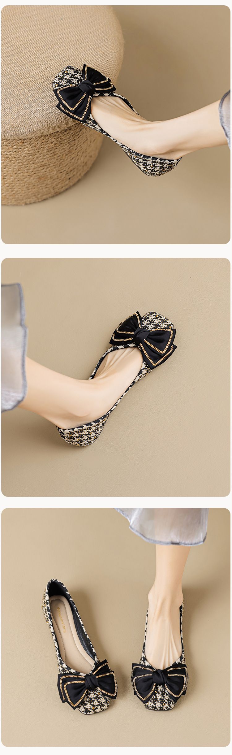 Sapatos femininos Square Head Single Bow Flat One Pedal Thousand Bird Grid Sola macia Boca rasa Doudou Shoes_voghion.com