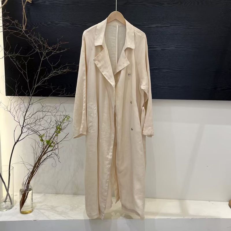 Trench-coat oversize mi-long en pur lin haut de gamme pour femme, collection printemps. Col rabattu._voghion.com