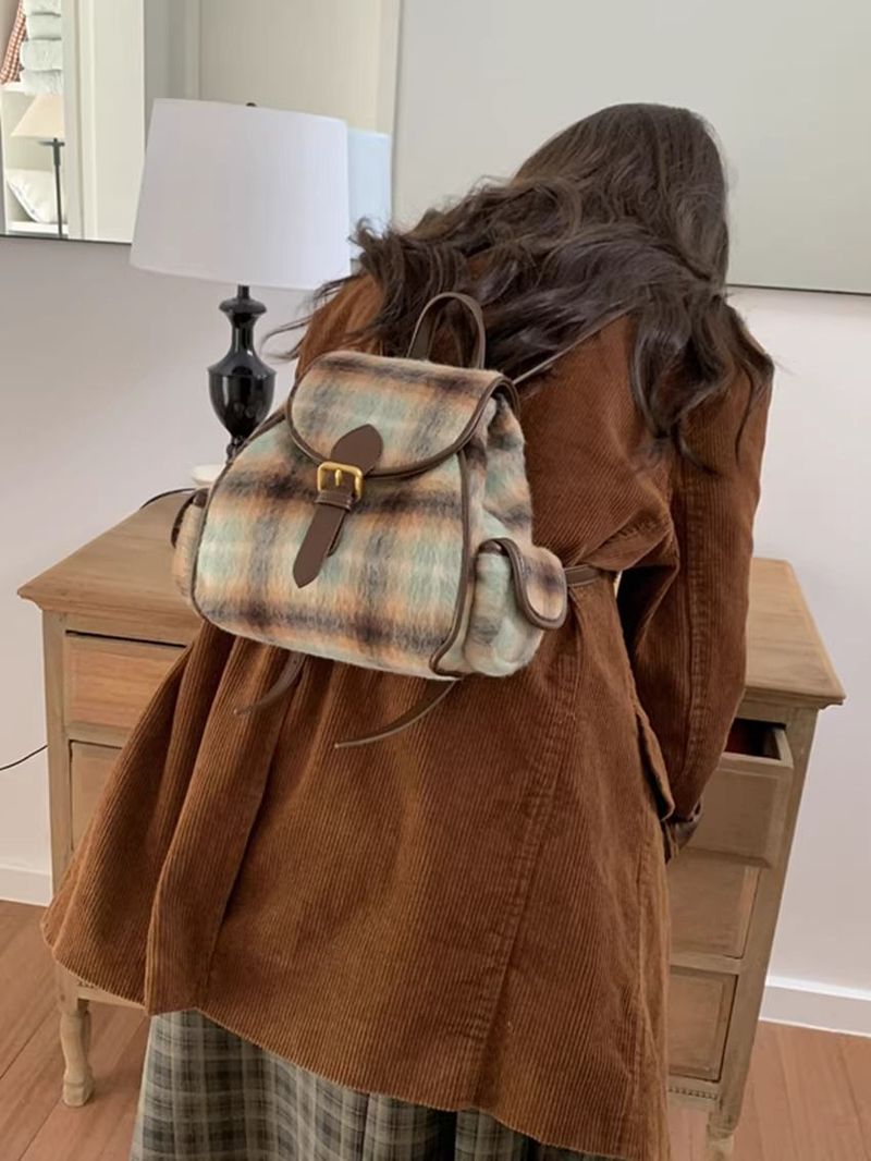 Vintage Woolen Velvet Whi Checkered Autumn Winr College Style Student Backpack For Women Commuting Simple British_voghion.com