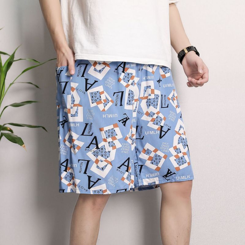 Men's Sleep Cotton silk pajama pants men's thin plus-size casual breathable flower pants five quarter pants_voghion.com