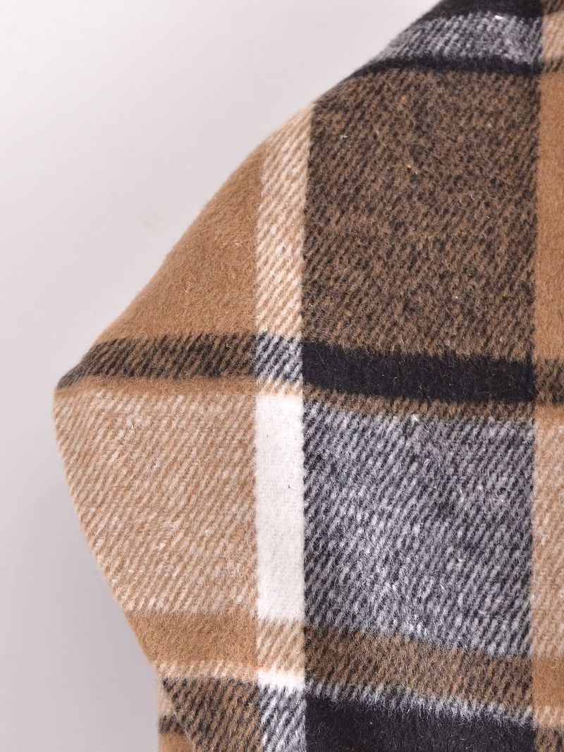 Moda donna nuova autunno e inverno classico cappotto a quadri con spalline a contrasto_voghion.com