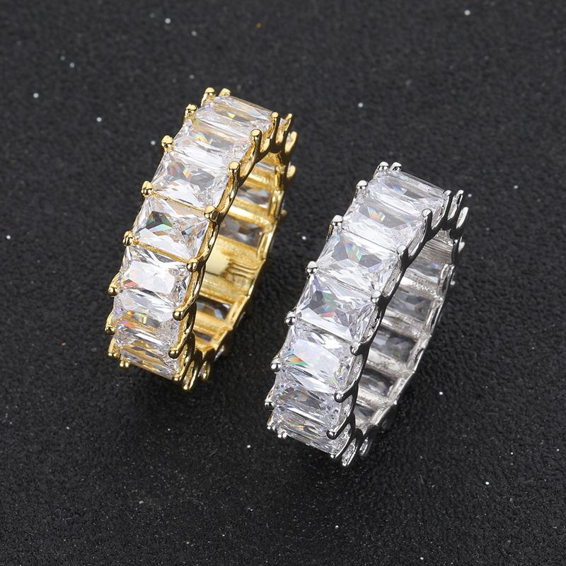 Nuovo anello da uomo hip-hop alla moda con zircone rettangolare a fila singola da 7 mm e placcato in oro autentico_voghion.com