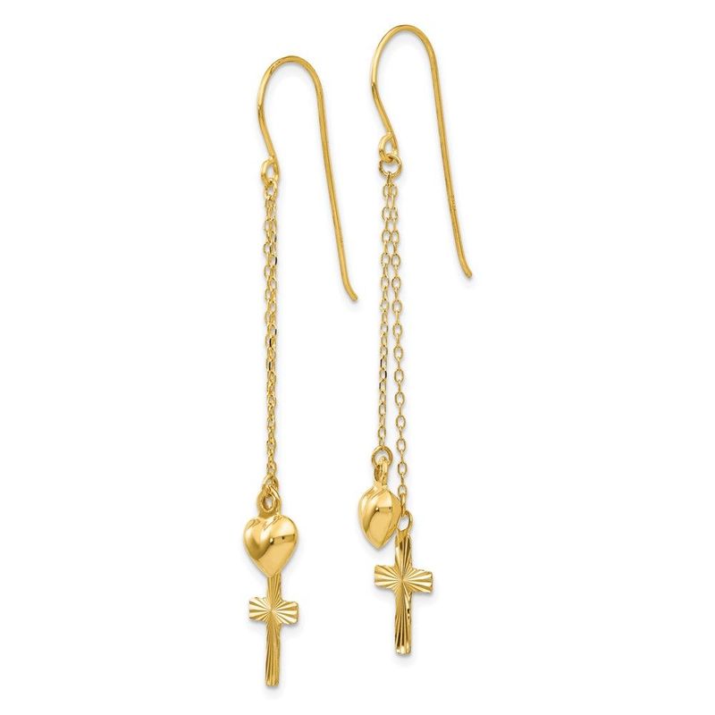 14K Ropa Chain Puffed Heart And Diamond Cut Cross Dangle Earrings_voghion.com