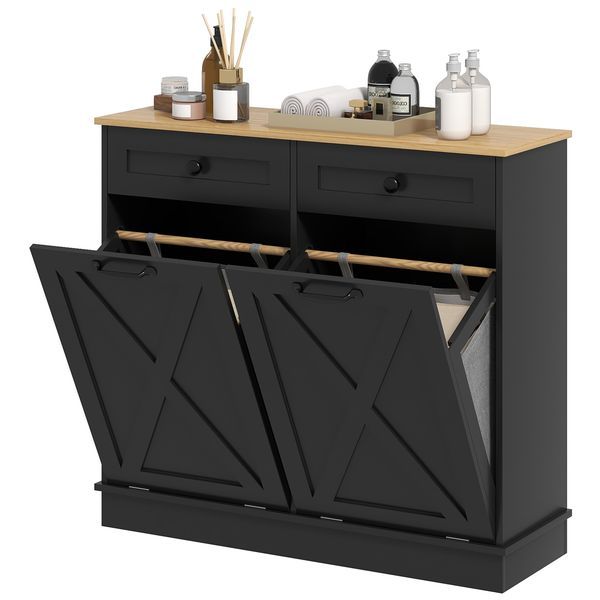HOMCOM Tilt Out Laundry Hamper Cabinet, Bathroom Storage Cabinet With 2 Removable Baskets And 2 Drawers, Black_voghion.com