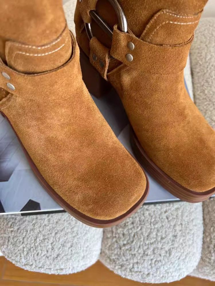 Matte Cowhide Western Cowboy Women's Genuine Leather Thick Heeled Short Boots, Square Toe Brown High Heels,_voghion.com