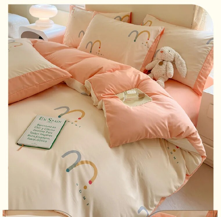 Set di tre pezzi di biancheria da letto per dormitorio a quattro molle di classe A, lenzuolo e copripiumino stampati con cartoni animati minimalisti_voghion.com