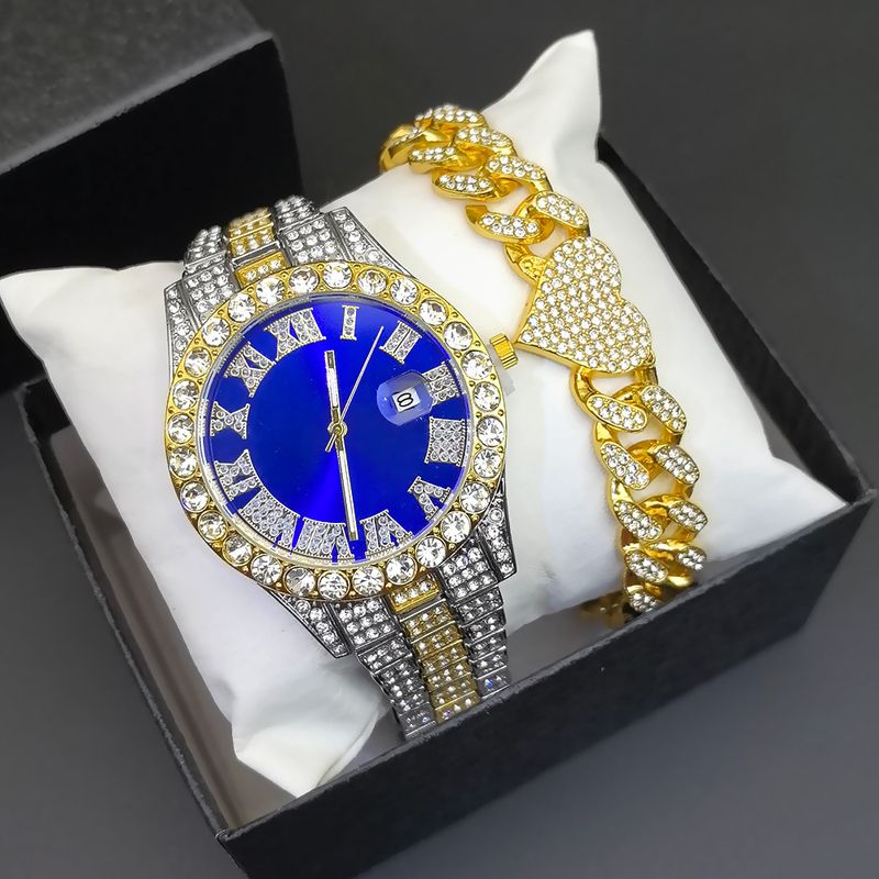 Set di bracciale cubano con catena in oro placcato oro di alta qualità con diamanti, orologio al quarzo con calendario per donna, orologio da polso_voghion.com