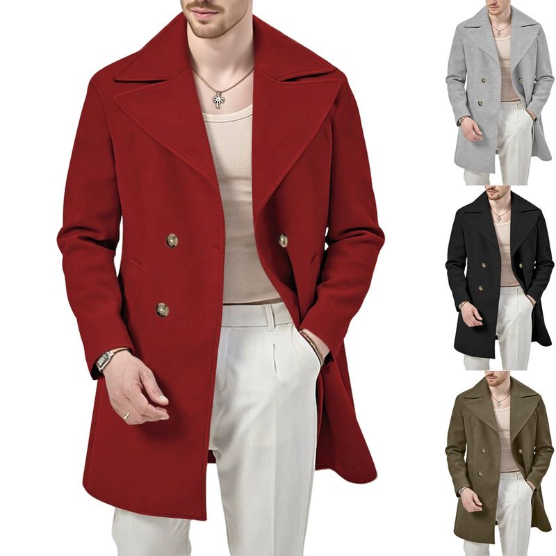 Trench classico doppiopetto da uomo - Soprabito slim fit di media lunghezza con revers a lancia, giacca a vento casual per tutte le stagioni, grigio/nero/rosso/verde militare_voghion.com