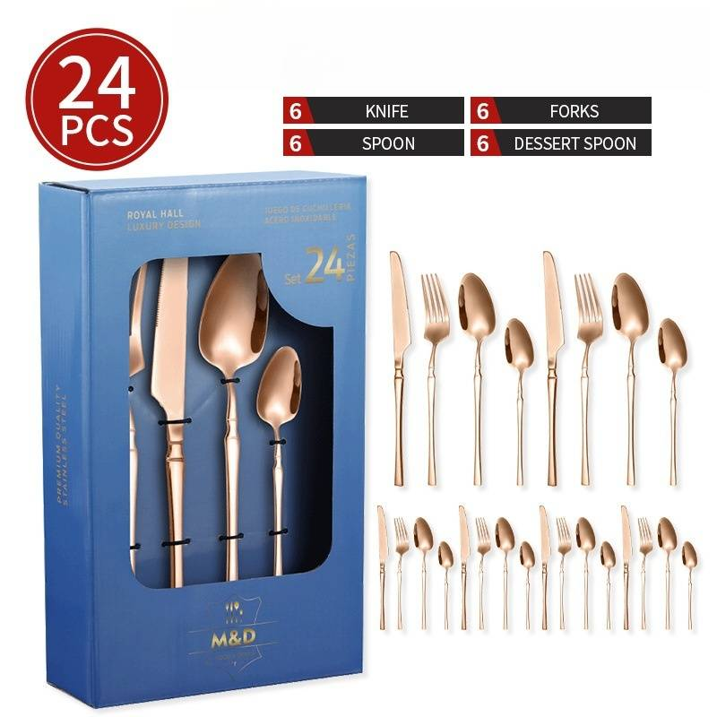 Juego de cubiertos de acero inoxidable de 24 piezas - Estuche de regalo fino con cuchillo, tenedor y cuchara dorados para carne y comida occidental._voghion.com