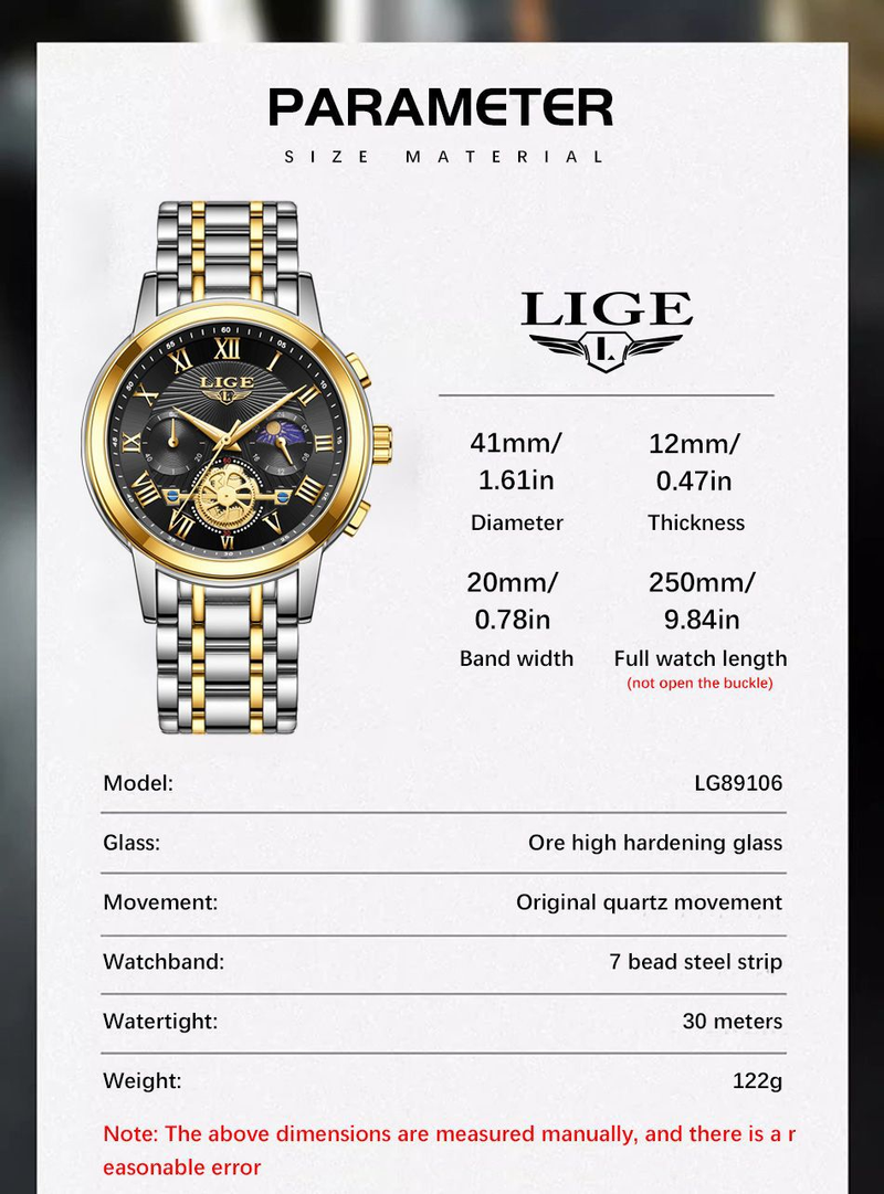 Men's Stainless Steel Waterproof Moon Phase Quartz Watch With Luminous Hands And Mineral Glass Butterfly Double Snap Button_voghion.com
