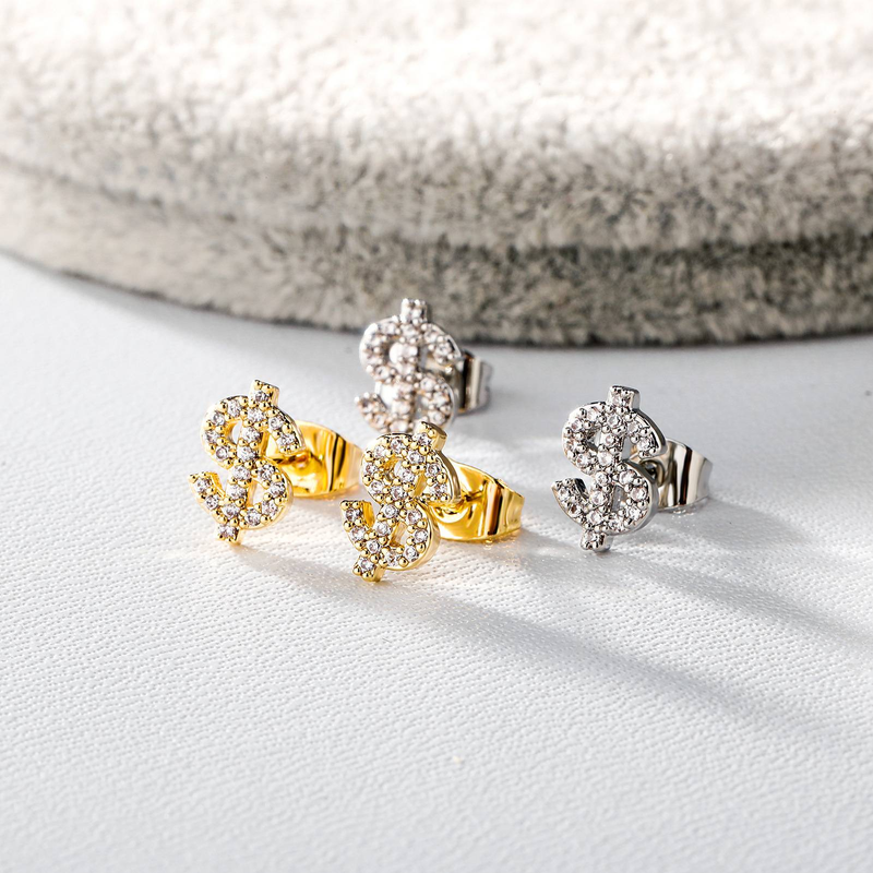 Men's & Women's Jewelry Hip Hop Style Dollar Sign Stud Earrings With Cubic Zirconia - Gold & Silver Options Men And Women Fashion Earrings_voghion.com