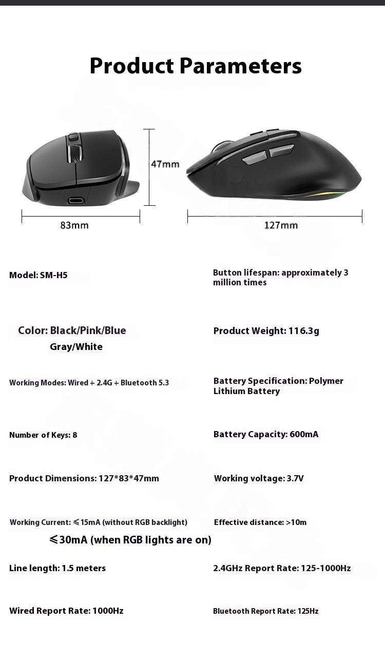 H5 Ergonomic Silent Vertical Mouse – 3-Mode (Wired/Bluetooth/2.4GHz), 1600DPI Adjustable, 8-Key For Laptop/PC, Rechargeable, 4-Way Scroll Wheel_voghion.com