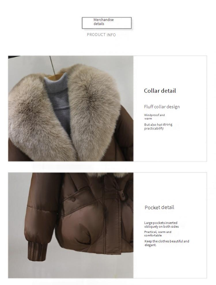 Women's Winter Puffer Jacket With Detachable Rabbit Fur Hood - Fashionable Quilted Coat, Oversized Fit, Short Length, Polyester Shell_voghion.com